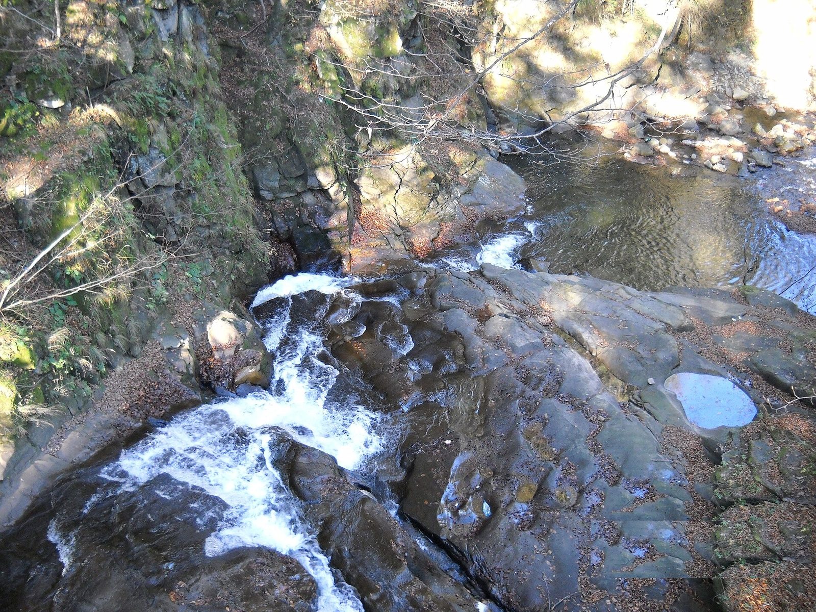 Cascada Slănicului, apă limpede curgând peste stâncile din Cheile Slănicului, printre versanți împăduriți